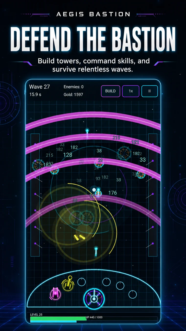 Aegis Bastion gameplay showing a fortress-defense battle